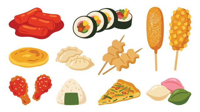 Selection of popular korean street food including tteokbokki kimbap corn dogs and fried chicken