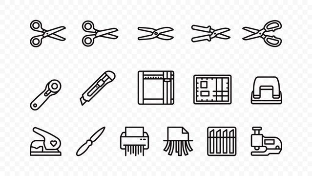 flat vector illustration line art icon bundle set design craft tool scissors knife puncher ruler paper cut stationery art school education ui graphic element web sign