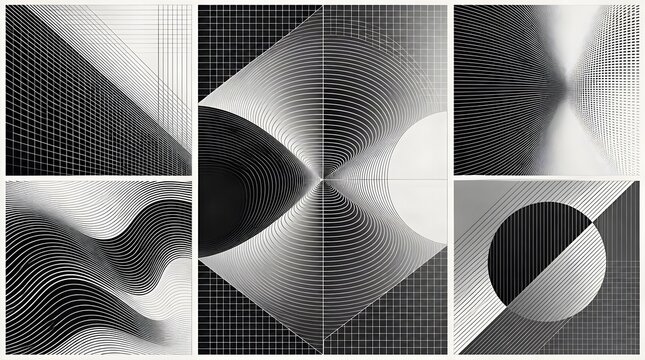 Monochrome abstract geometric gradient background collage, Black and white halftone dot pattern collection, Minimalist op art wave and circle textures, Retro futuristic grayscale geometric graphic pic