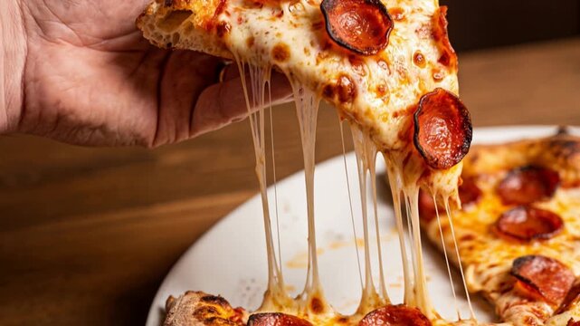 Crisp slice of pepperoni pizza being lifted, with melted cheese stretching, appetizing texture, detailed toppings, 4K video