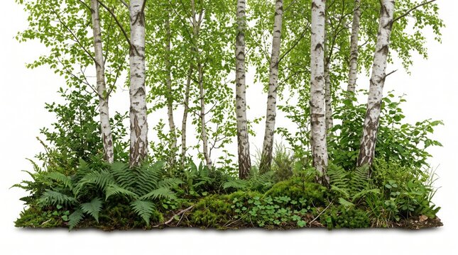 Birch forest with green ferns isolated on white background