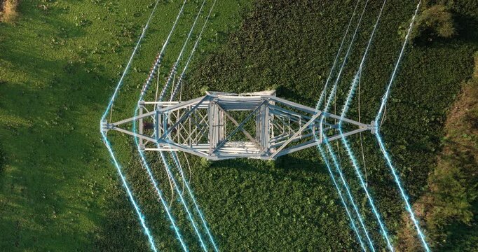 Top view steel lattice transmission tower. Cyan light effects pulse along overhead conductors beside ribbed insulators and curved jumper wires, suggesting electricity flow through power lines looping.