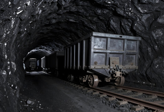 Mining industry and energy resources, coal mine tunnel with heavy freight wagons on railway tracks for industrial extraction and raw material transport