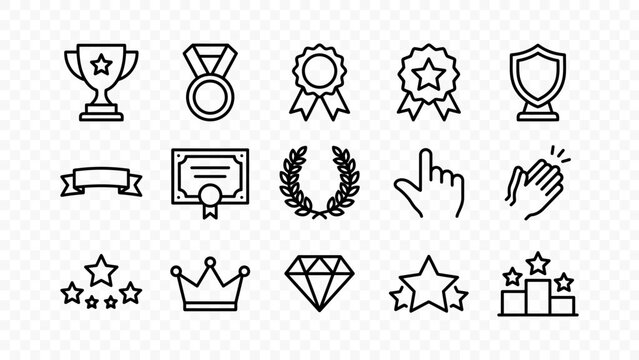 flat vector illustration line art icon bundle set design award trophy medal ribbon crown star badge victory championship winner success ui graphic element web concept