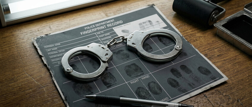 Handcuffs and Fingerprint Record on Wooden Desk for Crime Investigation and Law Enforcement