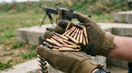 Obraz premium Hands in tactical gloves holding ammunition and bullet belt with machine gun in background outdoor shooting range