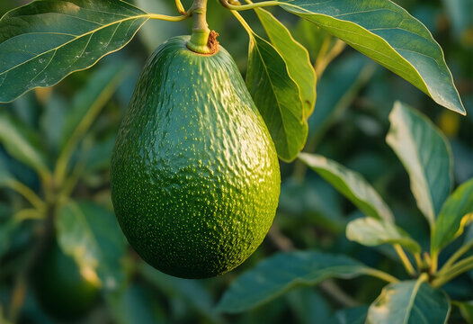Healthy nutrition and organic food production, fresh green avocado hanging on a tree branch in a sunny orchard for sustainable agriculture and farming