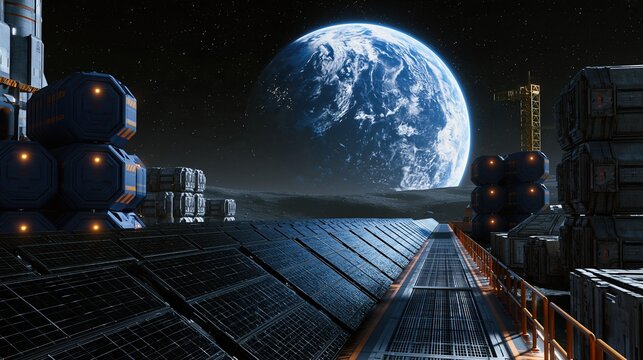 Futuristic lunar base with solar panels and Earth in the background, representing space exploration and colonization