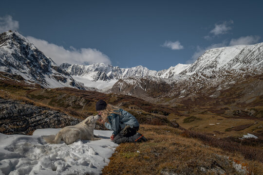Side view of a young female hiker petting her white dog on a snow patch against snowy mountain peaks, pet travel concept
