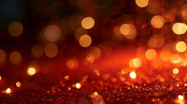 Abstract Christmas bokeh background with warm golden fairy lights and subtle glitter on deep red, soft lens blur and central copy space for holiday advertising