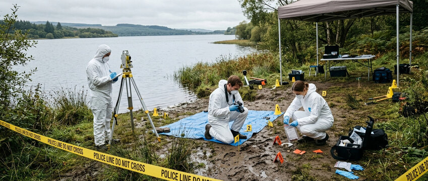 Forensic investigators examine crime scene by lake collecting evidence in protective suits with yellow caution tape
