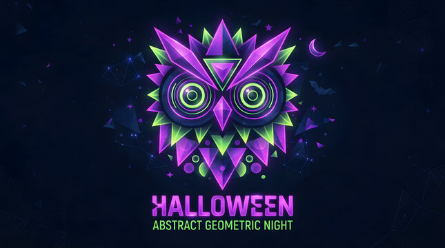 Glowing neon geometric owl illustration featuring vibrant purple and green colors styled for halloween abstract night celebration graphic design banner on transparent background