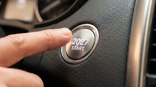 A finger presses the start button in a car dashboard with the year 2027 displayed automotive technology
