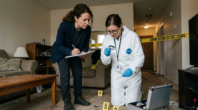 Forensic investigators examine evidence at a crime scene indoors with yellow caution tape in the background