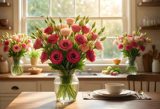 Home interior decor and lifestyle, fresh eustoma flowers in glass vase on wooden kitchen table with morning sunlight and cozy domestic atmosphere