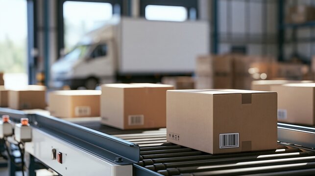 Cardboard boxes moving on a conveyor belt in a warehouse, ready for shipping and delivery