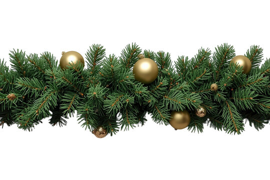 Dense evergreen garland decorated with matte gold baubles