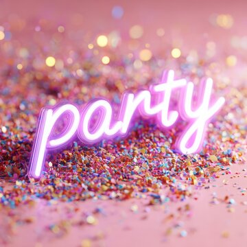 Neon Party sign glowing in bright pink light with colorful confetti on a festive background for celebration events, holidays, and nightlife themes