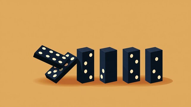 Dominoes falling in a line, representing cause and effect, chain reaction, or risk and consequence