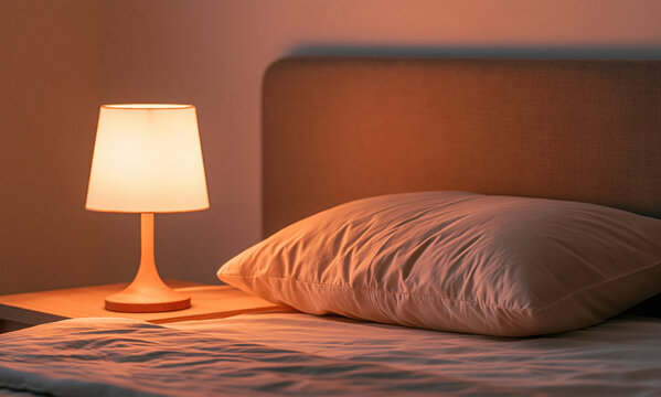 a warm glowing table lamp on a bedside table