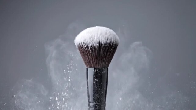 A makeup brush creates a cloud of white powder in the air