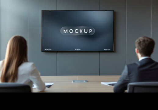 Corporate Monitor Mockup PSD In Meeting Room With Blurred Man And Woman
