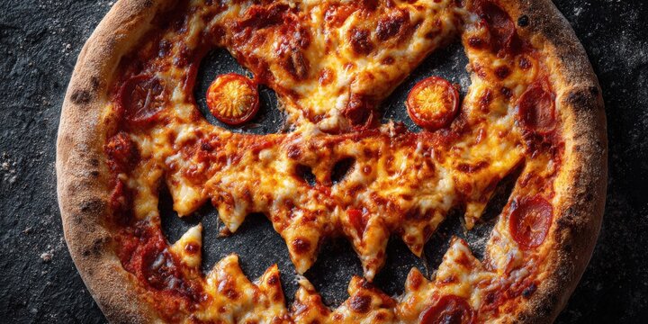 Halloween Pizza Shaped Like A Jack-O-Lantern With Pepperoni And Melted Cheese On A Dark Stone Surface For A Festive Holiday Party Food Concept