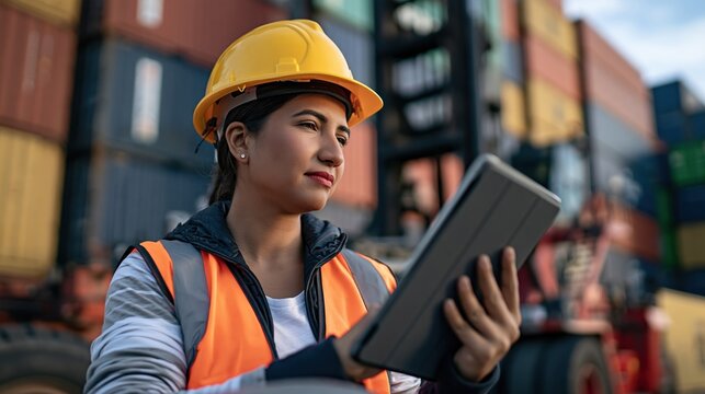 Woman in hard hat and safety vest using tablet in shipping container yard