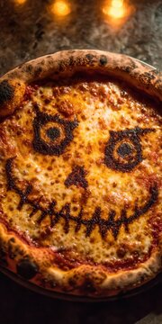 Halloween pizza with a spooky jack-o-lantern face design made of balsamic glaze on melted mozzarella cheese for a festive holiday dinner party