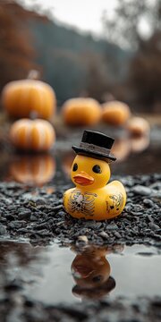 Halloween rubber duck with skeleton print and top hat standing on a wet pebble shore with blurred orange pumpkins in the background scenery