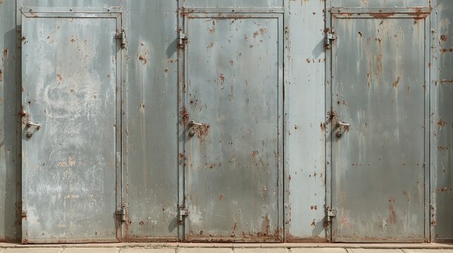 Three weathered, rusty metal garage doors with old hinges and handles, showing signs of age and decay