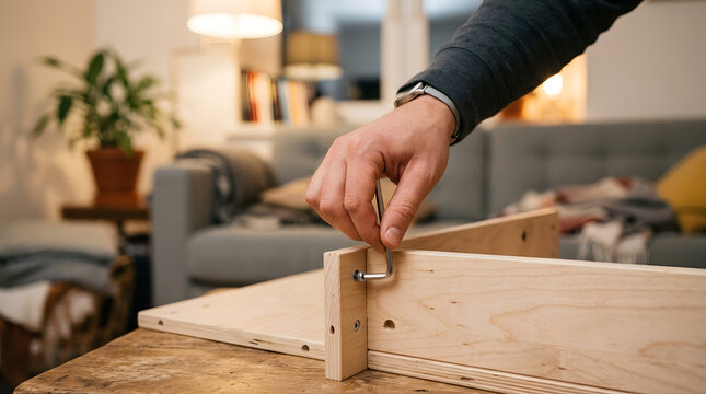 Man hands assembling flat-pack wooden furniture at home, tightening screw with allen key hex wrench, DIY home improvement project and interior assembly in modern living room, close-up interior photo