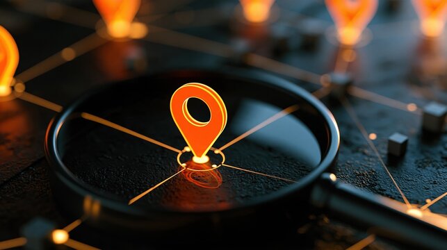 Close-up of a glowing location pin on a magnifying glass, symbolizing navigation, search, and pinpoint accuracy in a digital network
