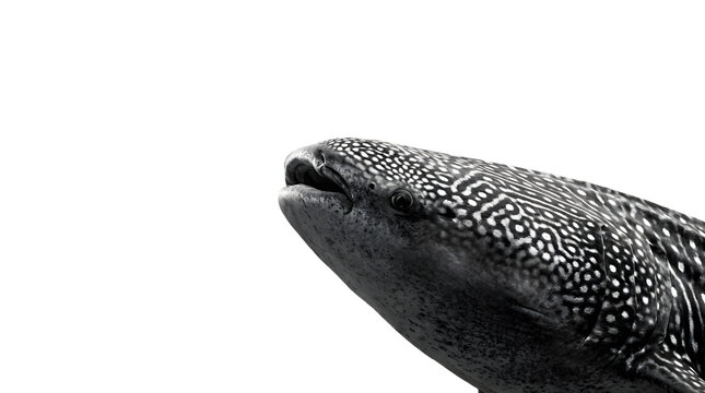 Majestic Whale Shark Side Profile Looking Up Isolated on White Background High Contrast Black and White Underwater Fine Art Portrait with Copy Space