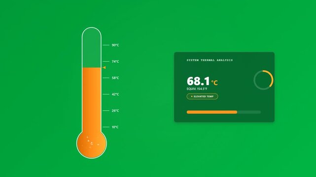 A high-tech digital thermometer and dashboard interface showing elevated system temperature with dynamic reading and warning indicator.