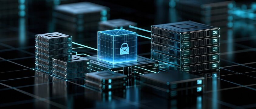 Secure Digital Data Network with Encrypted Mail Icon and Server Racks