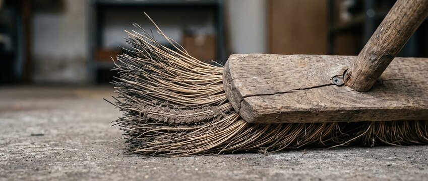 Broom bristles bent flat captured in side macro with kinked tips bent into a flat splay, a real life close up of a broom stored the wrong way up as found representing a cleaning tool ruined by storage