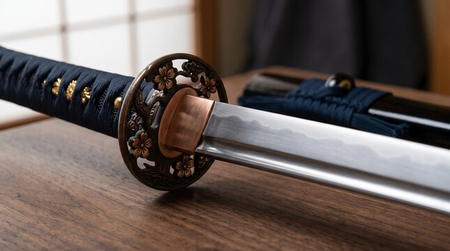 Traditional Japanese katana resting on wooden table with intricate tsuba and detailed hilt. Handcrafted katana showcases beautiful steel blade, fine craftsmanship, adding elegance to any display.