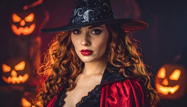 Close up portrait of a young woman dressed as a witch with glowing jack-o-lantern pumpkins in a dark misty background