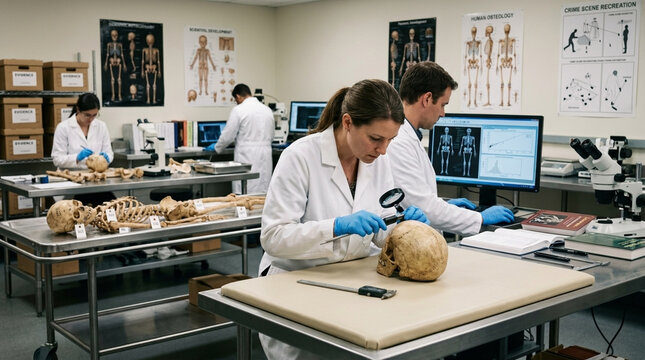 Forensic anthropologists examining skeletal remains in a laboratory research science archaeology investigation