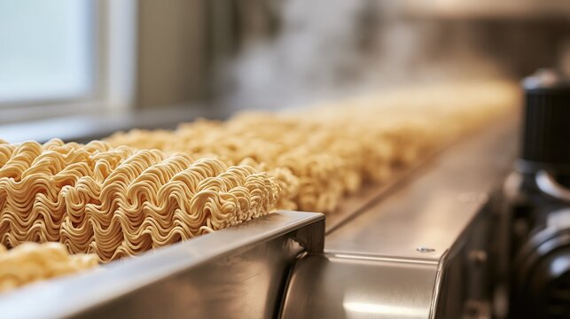 Instant noodles production line, steaming hot, wavy pasta on conveyor belt in factory
