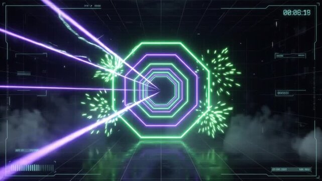 Neon Tunnel Voyage: A surreal journey through a futuristic neon tunnel, with glowing octagonal structures and vibrant laser beams illuminating the path, creating an electrifying visual spectacle.