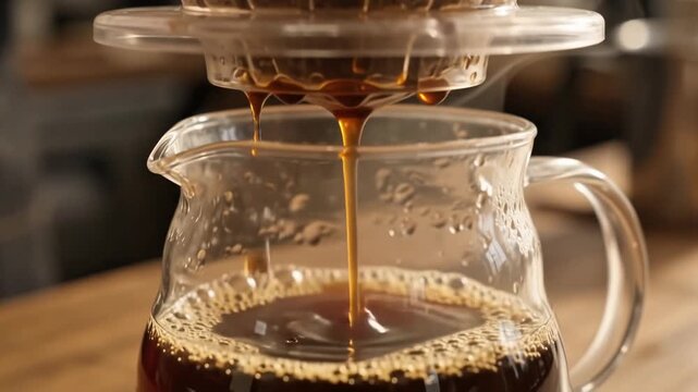 Fresh hot coffee dripping from a manual pour over filter dripper into a glass carafe server