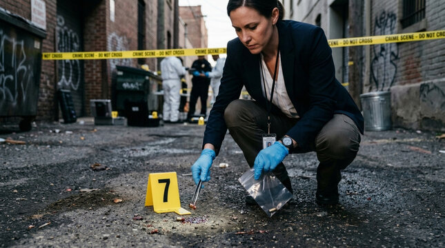 Female Detective Inspecting Evidence at Crime Scene in Urban Alley