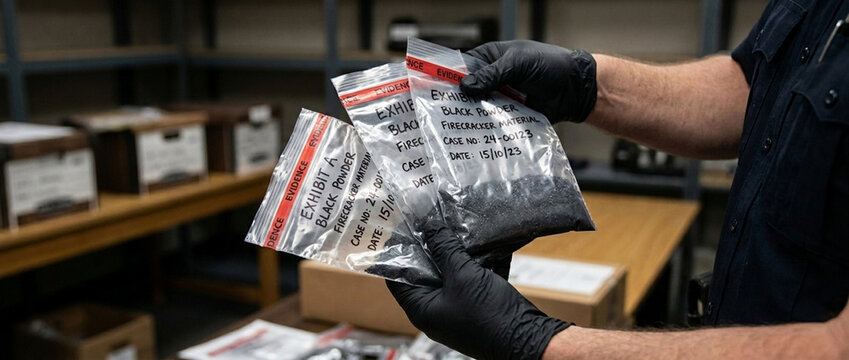 Forensic evidence in sealed bags officer holding samples of dark powder for analysis in a laboratory or evidence room