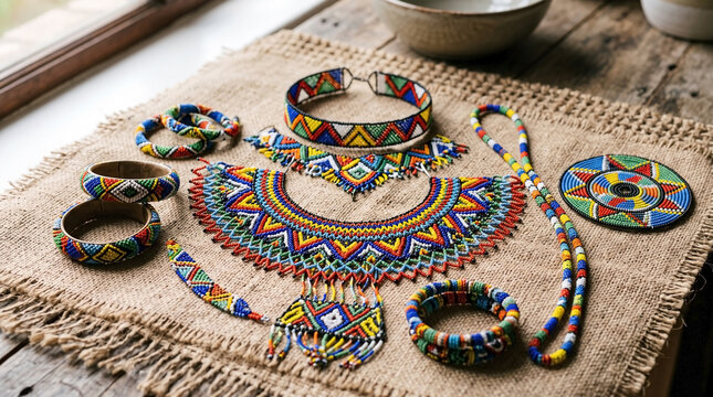 South African beadwork jewelry collection displays intricate, colorful necklaces, bracelets, and chokers, showcasing vibrant geometric patterns, authentic South African beadwork artistry.
