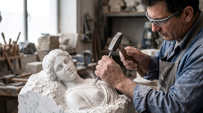 Experienced sculptor at work meticulously carving intricate details into white marble statue. Artisan uses chisel and hammer, wearing safety glasses,