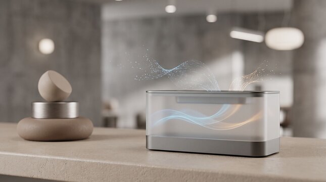 Modern smart air humidifier releasing cool mist and glowing particle waves inside a minimalist contemporary living room interior