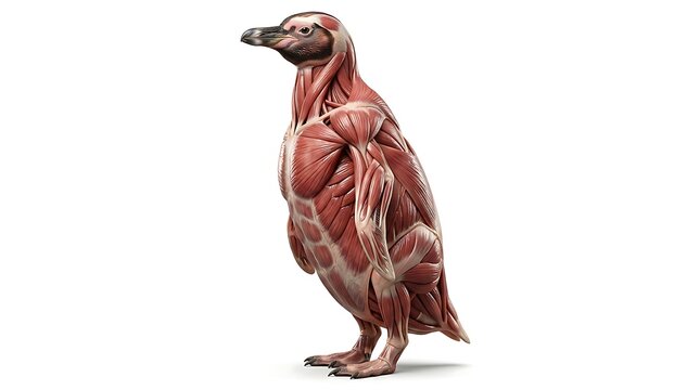 Penguin anatomy study showing internal muscle structure in red tones for aquatic biology education.