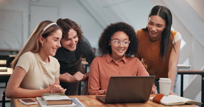 Study group, tutor and laptop at college with help, exam preparation or review essay topic in class. University, happy people or tech for learning support, test tips or tutoring for knowledge sharing